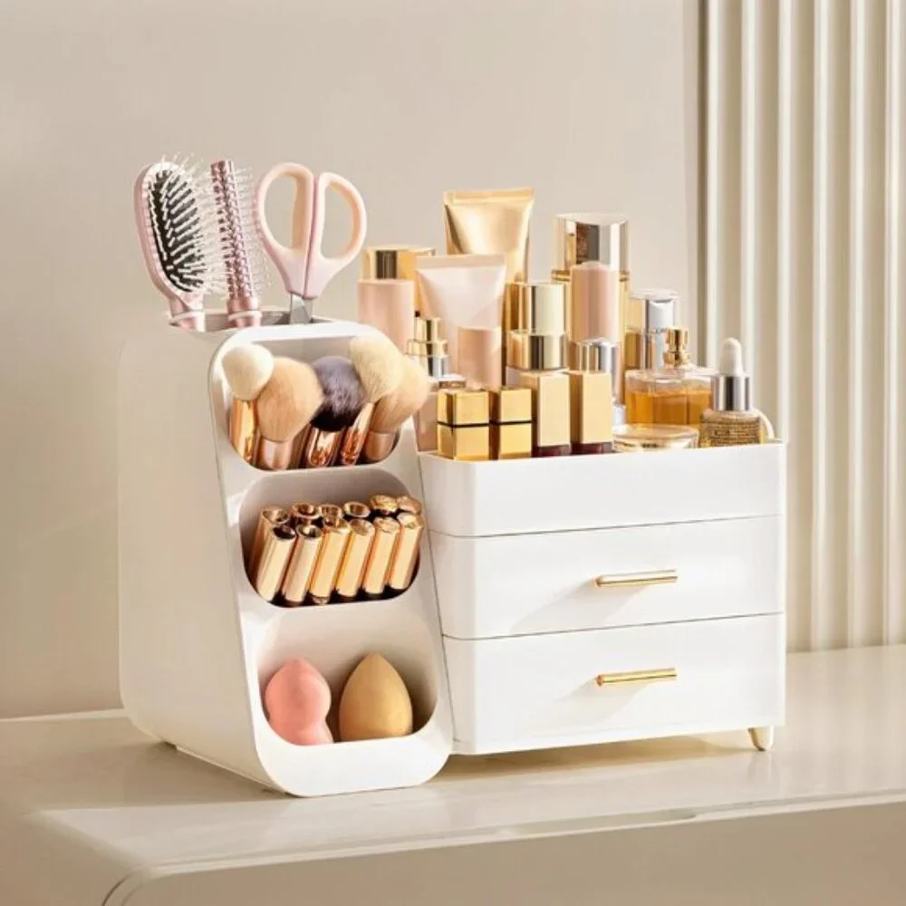 New Makeup Organizer with Brush Holder, Large White Vanity & Skincare Storage
